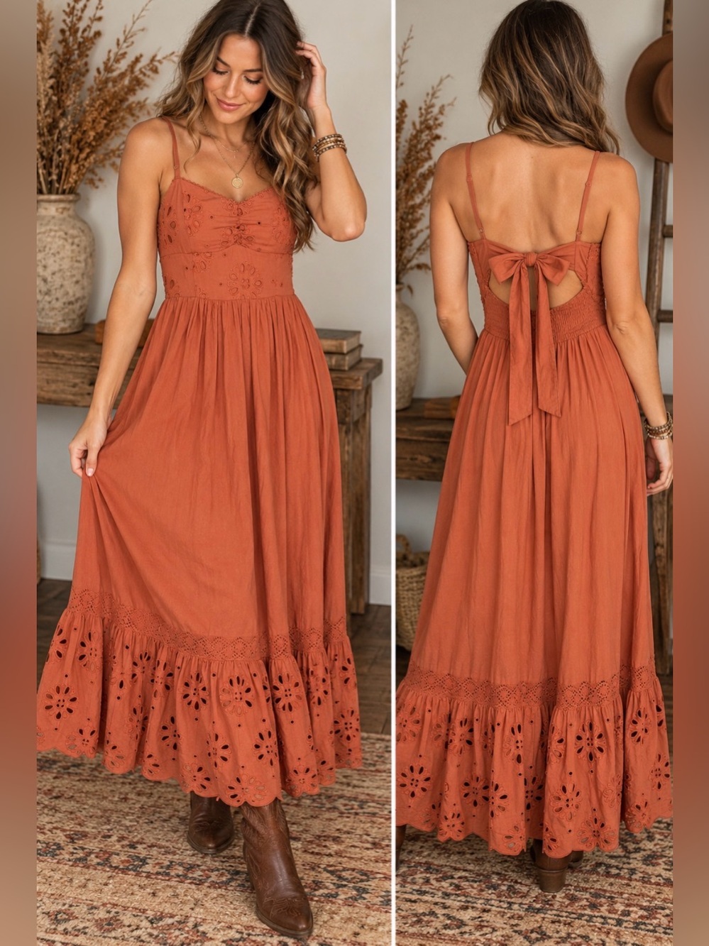 American Eagle Rust Eyelet Embroidered Boho Maxi Dress Small